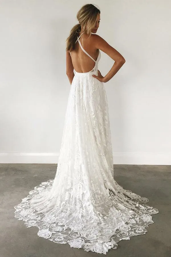 Roycebridal Lace Spaghetti Straps Criss-Cross Straps Wedding Dress With Sweep Train, MW577