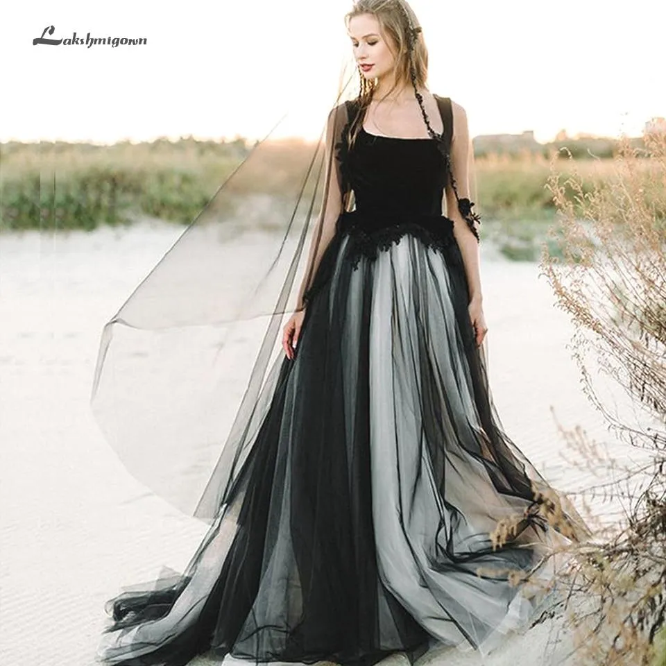 Roycebridal Sexy Black Wedding Dress A Line Sleeveless Lace Open Back