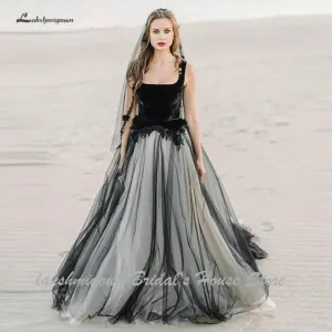 Roycebridal Sexy Black Wedding Dress A Line Sleeveless Lace Open Back