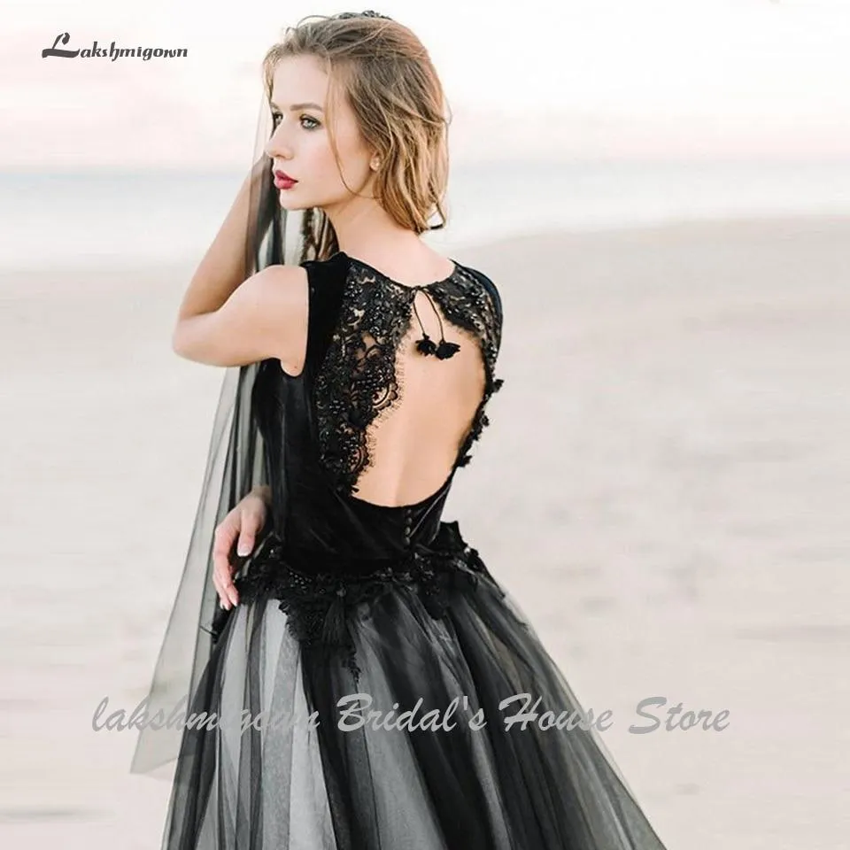 Roycebridal Sexy Black Wedding Dress A Line Sleeveless Lace Open Back