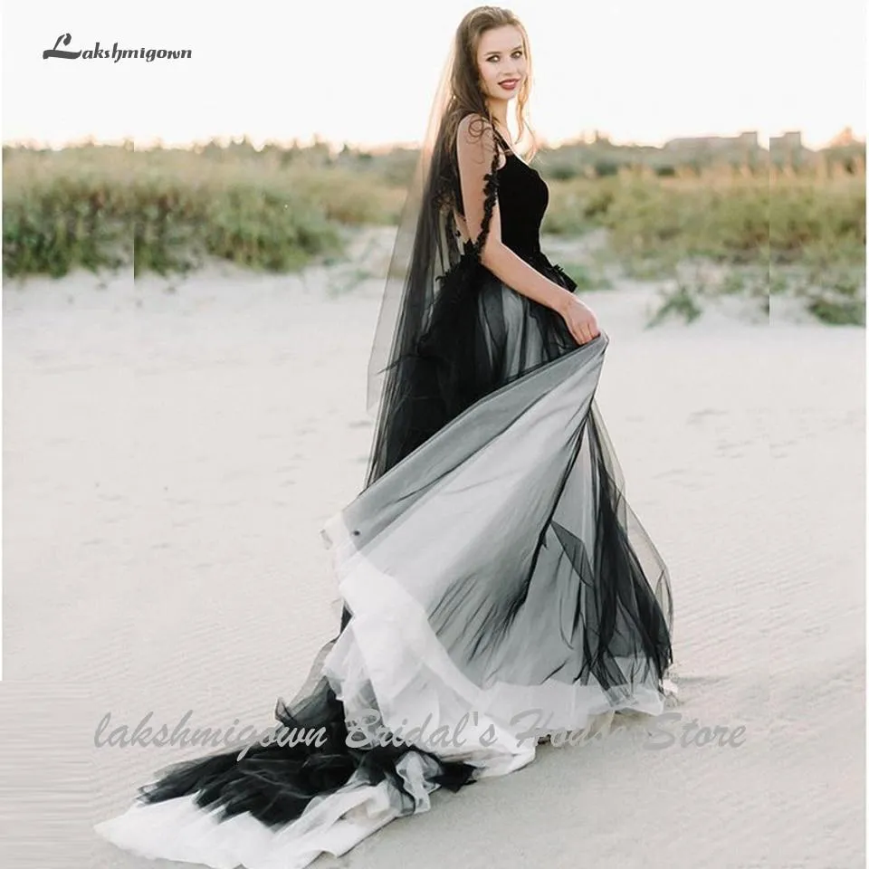 Roycebridal Sexy Black Wedding Dress A Line Sleeveless Lace Open Back