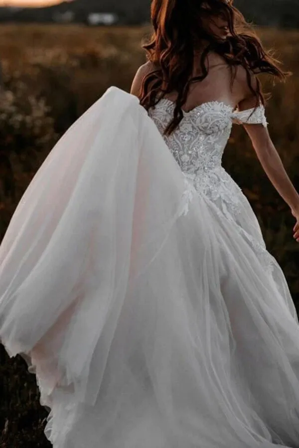 Roycebridal Tulle A-line Off-the-Shoulder Wedding Dresses With Lace Appliques, MW833