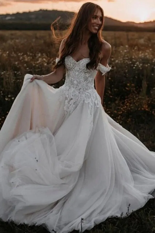 Roycebridal Tulle A-line Off-the-Shoulder Wedding Dresses With Lace Appliques, MW833