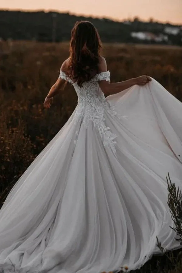 Roycebridal Tulle A-line Off-the-Shoulder Wedding Dresses With Lace Appliques, MW833