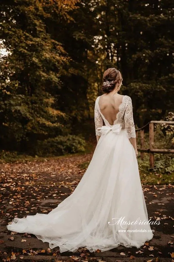 Roycebridal Tulle Lace A-line 3/4 Sleeves Backless Wedding Dresses, Bridal Gown, MW878