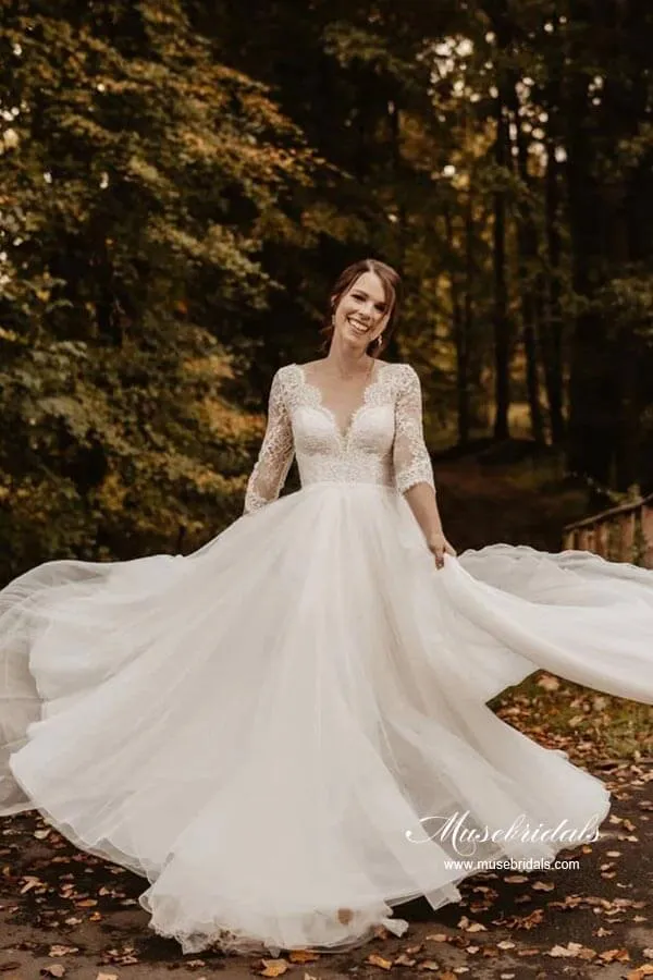 Roycebridal Tulle Lace A-line 3/4 Sleeves Backless Wedding Dresses, Bridal Gown, MW878