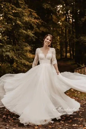 Roycebridal Tulle Lace A-line 3/4 Sleeves Backless Wedding Dresses, Bridal Gown, MW878