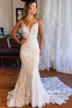 Roycebridal Tulle Mermaid Spaghetti Straps V-neck Lace Appliques Wedding Dresses, MW870