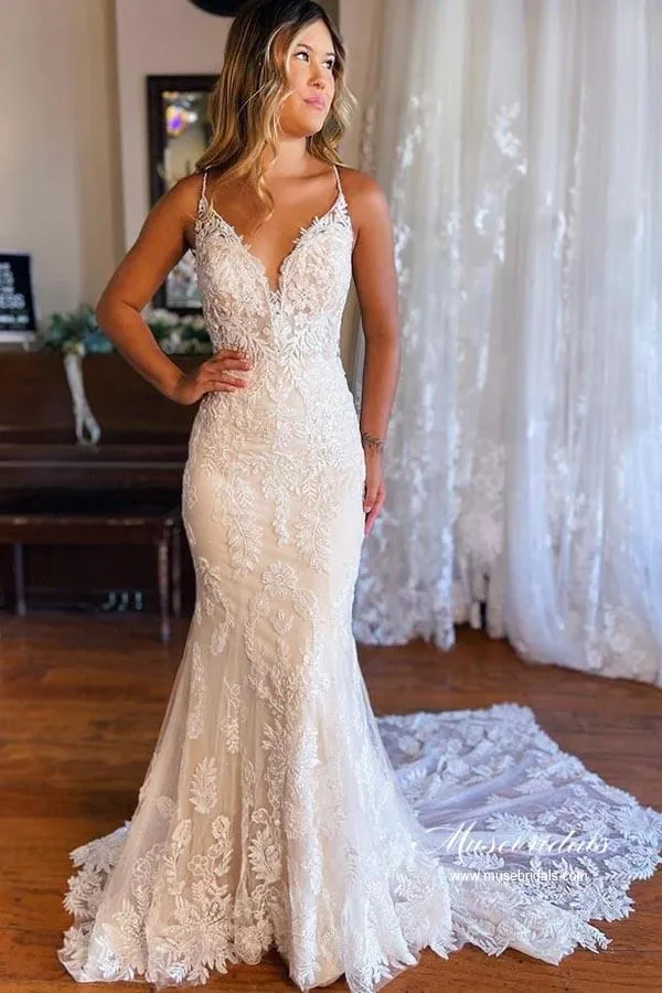 Roycebridal Tulle Mermaid Spaghetti Straps V-neck Lace Appliques Wedding Dresses, MW870