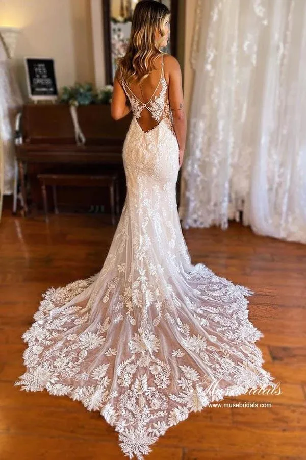 Roycebridal Tulle Mermaid Spaghetti Straps V-neck Lace Appliques Wedding Dresses, MW870