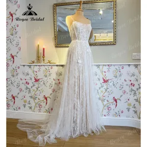 Roycebridal Vintage Lace Appliques Boho Beach Women Wedding Dress 2025 Bridal Gowns Open Back Spaghetti Straps robe de marie