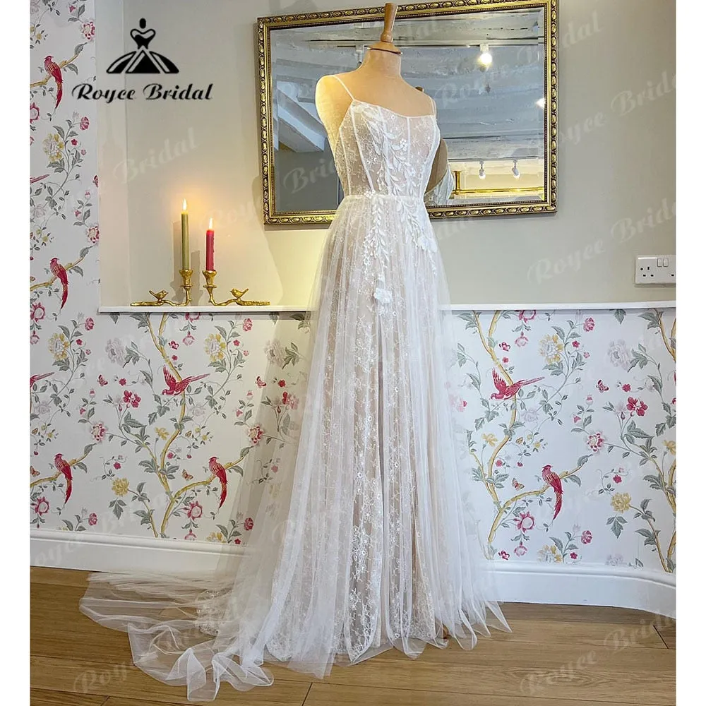 Roycebridal Vintage Lace Appliques Boho Beach Women Wedding Dress 2025 Bridal Gowns Open Back Spaghetti Straps robe de marie