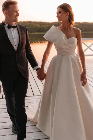 Roycebridal Vintage Satin One Shoulder Ball Gown Wedding Dresses With Train, MW1015
