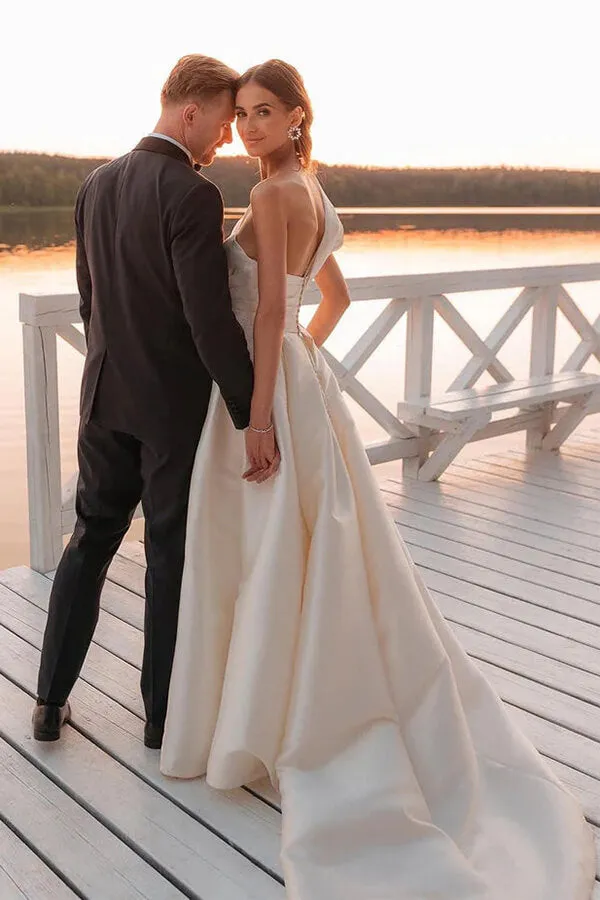 Roycebridal Vintage Satin One Shoulder Ball Gown Wedding Dresses With Train, MW1015