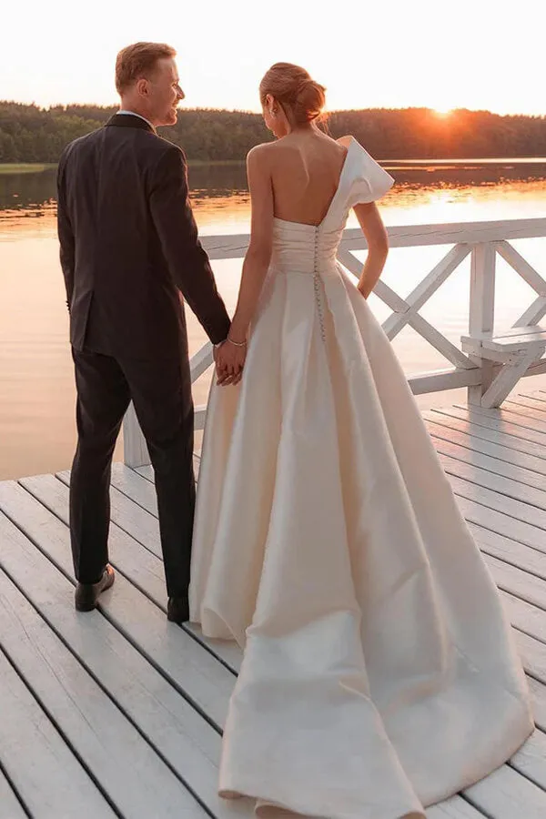 Roycebridal Vintage Satin One Shoulder Ball Gown Wedding Dresses With Train, MW1015