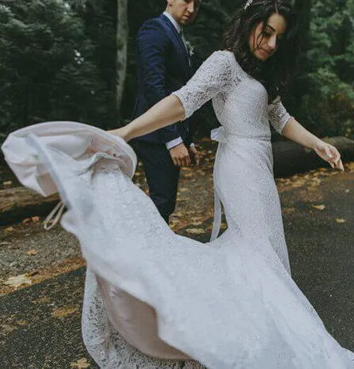 Roycebridal White Lace Mermaid Half Sleeves V-neck Wedding Dresses, Bridal Gown, MW581