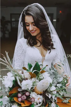 Roycebridal White Lace Mermaid Half Sleeves V-neck Wedding Dresses, Bridal Gown, MW581