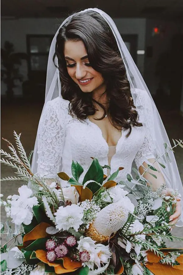 Roycebridal White Lace Mermaid Half Sleeves V-neck Wedding Dresses, Bridal Gown, MW581