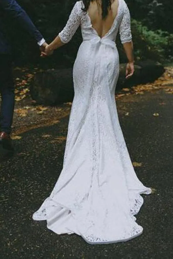 Roycebridal White Lace Mermaid Half Sleeves V-neck Wedding Dresses, Bridal Gown, MW581