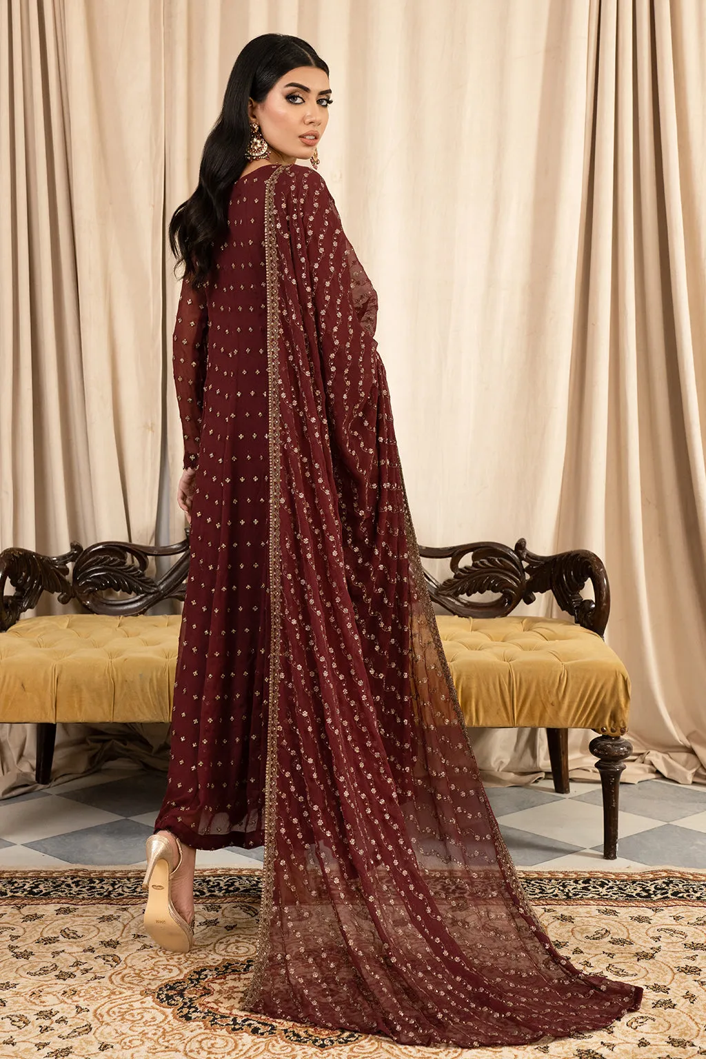 Rusty Brown Shade Embroidered Pakistani Party Wear Long Frock