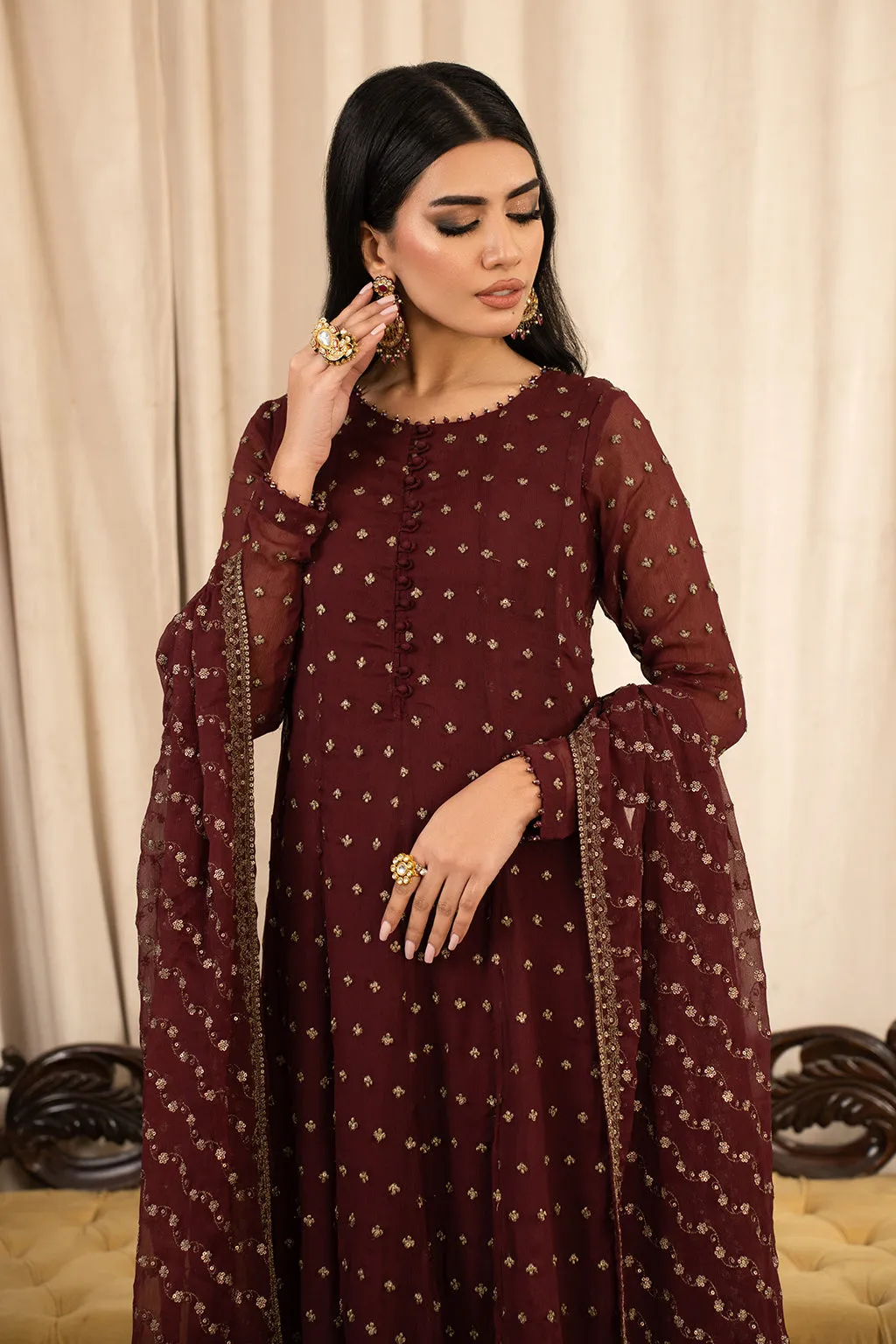 Rusty Brown Shade Embroidered Pakistani Party Wear Long Frock