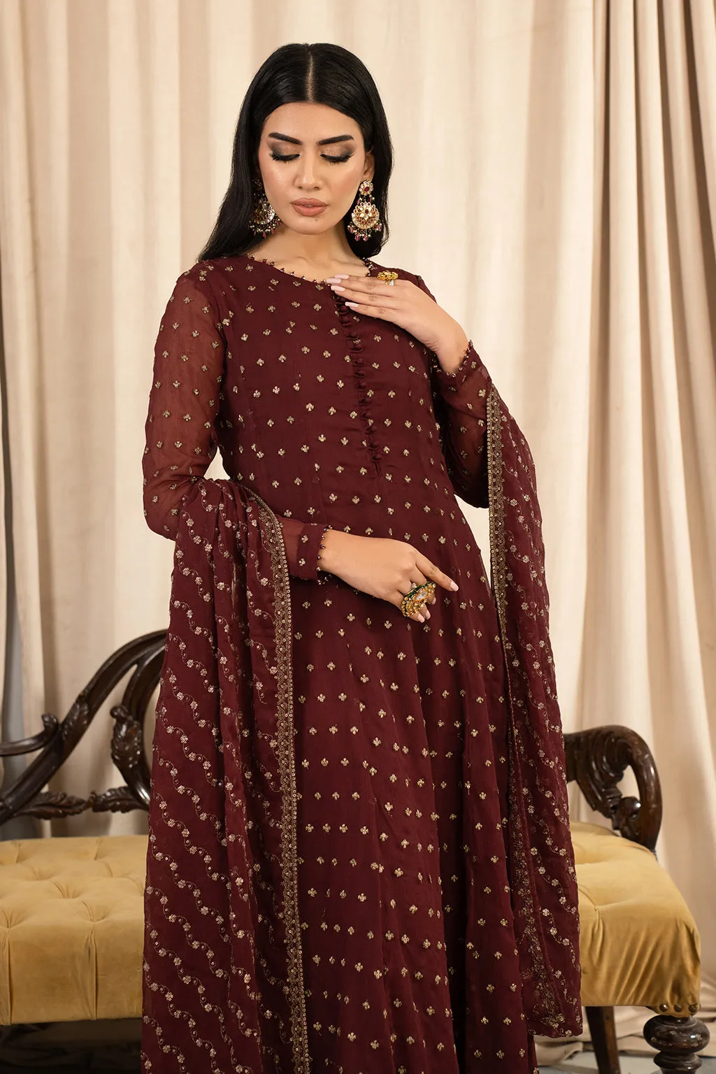 Rusty Brown Shade Embroidered Pakistani Party Wear Long Frock