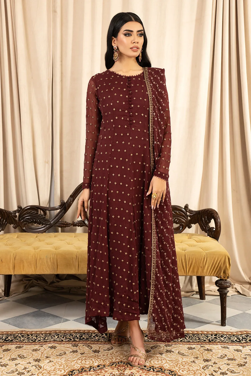 Rusty Brown Shade Embroidered Pakistani Party Wear Long Frock