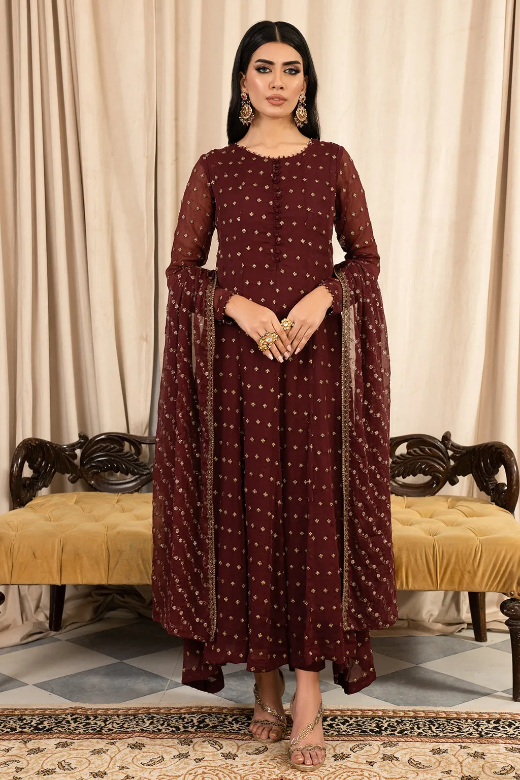 Rusty Brown Shade Embroidered Pakistani Party Wear Long Frock