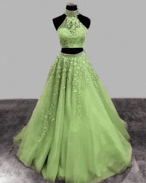 Sage Green Prom Dresses Two Piece Lace Embroidery Beaded Halter Formal Dress