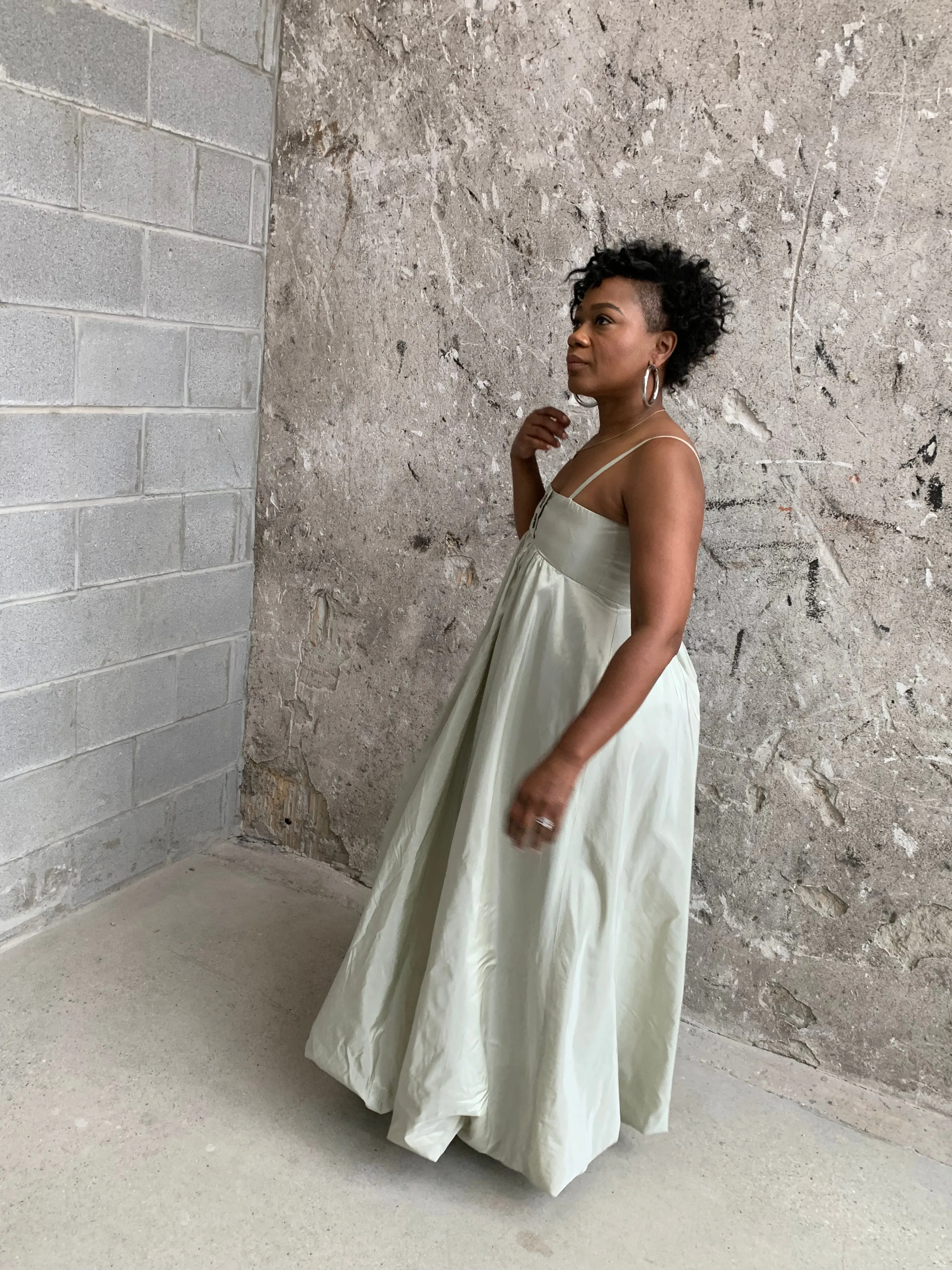 sage silk bubble hem dress