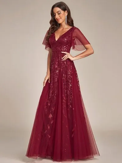 Sally sequin and tulle ball or evening dress with flutter sleeve
