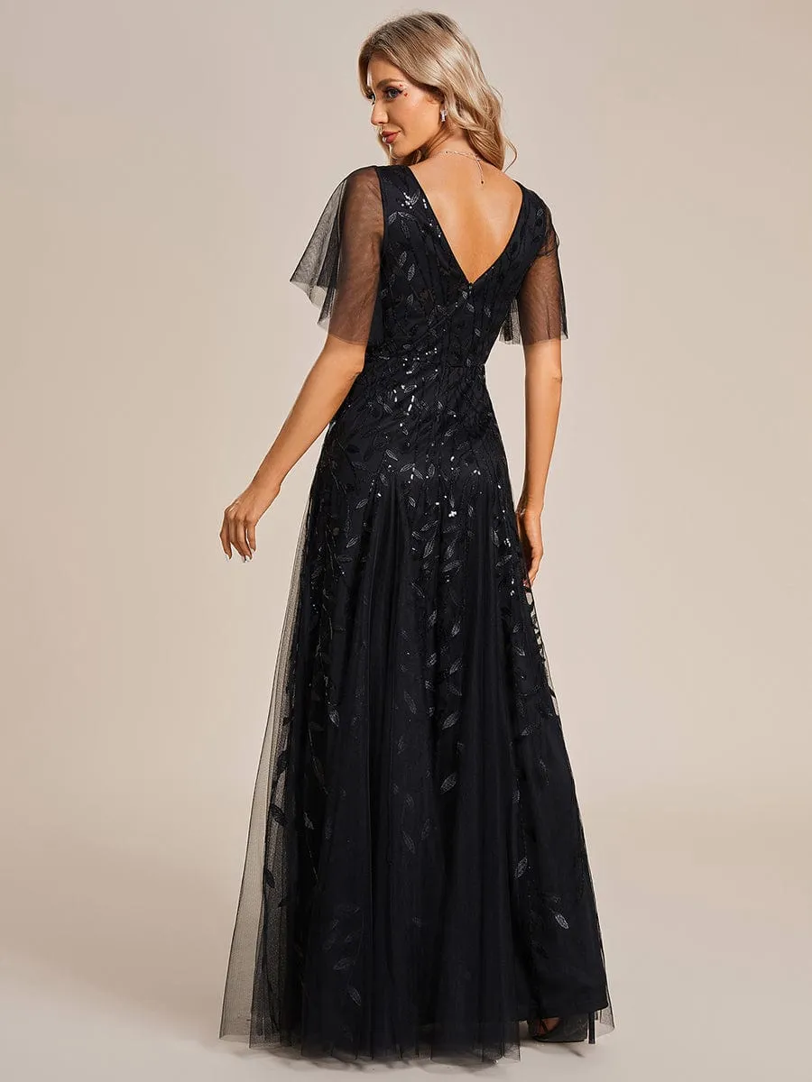 Sally sequin and tulle ball or evening dress with flutter sleeve