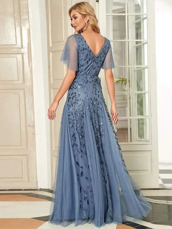 Sally sequin and tulle ball or evening dress with flutter sleeve