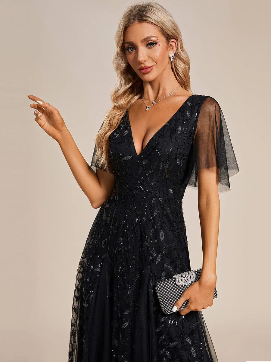 Sally sequin and tulle ball or evening dress with flutter sleeve