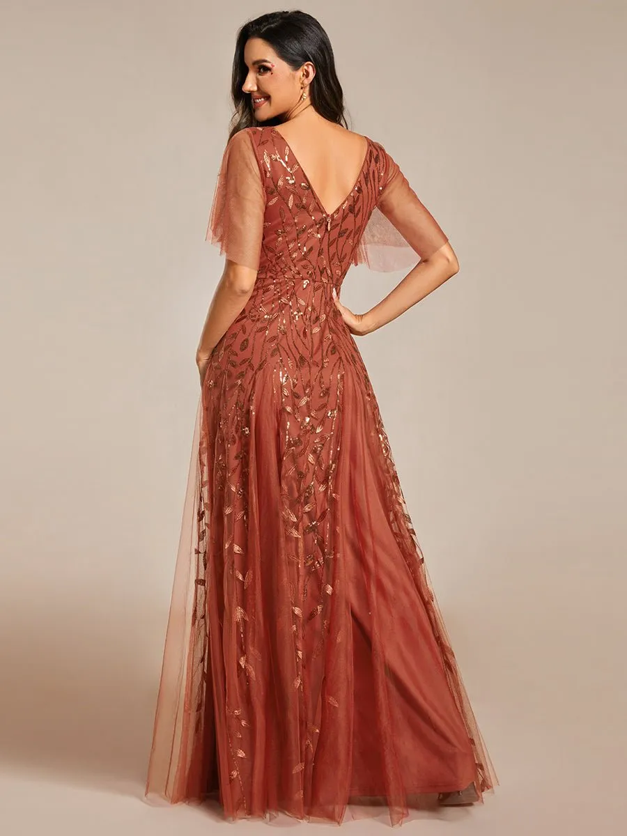 Sally sequin and tulle ball or evening dress with flutter sleeve