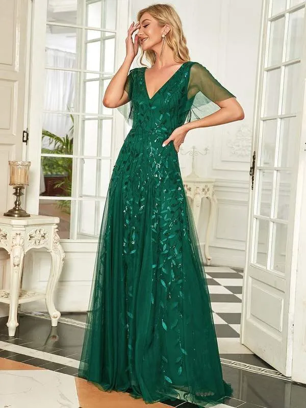 Sally sequin and tulle ball or evening dress with flutter sleeve