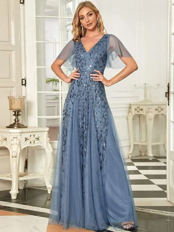 Sally sequin and tulle ball or evening dress with flutter sleeve