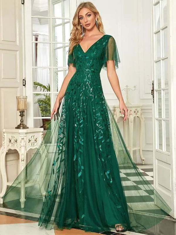 Sally sequin and tulle ball or evening dress with flutter sleeve