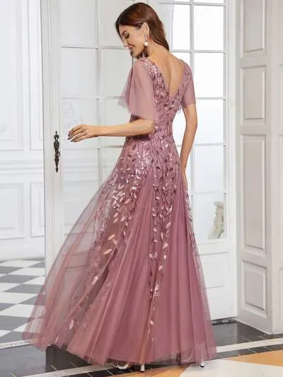 Sally sequin and tulle ball or evening dress with flutter sleeve