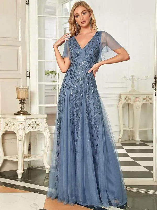 Sally sequin and tulle ball or evening dress with flutter sleeve