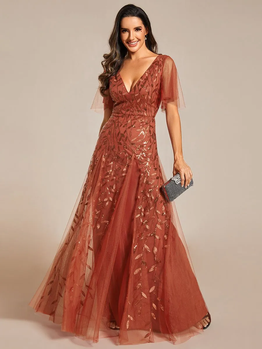 Sally sequin and tulle ball or evening dress with flutter sleeve