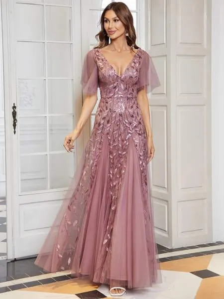 Sally sequin and tulle ball or evening dress with flutter sleeve