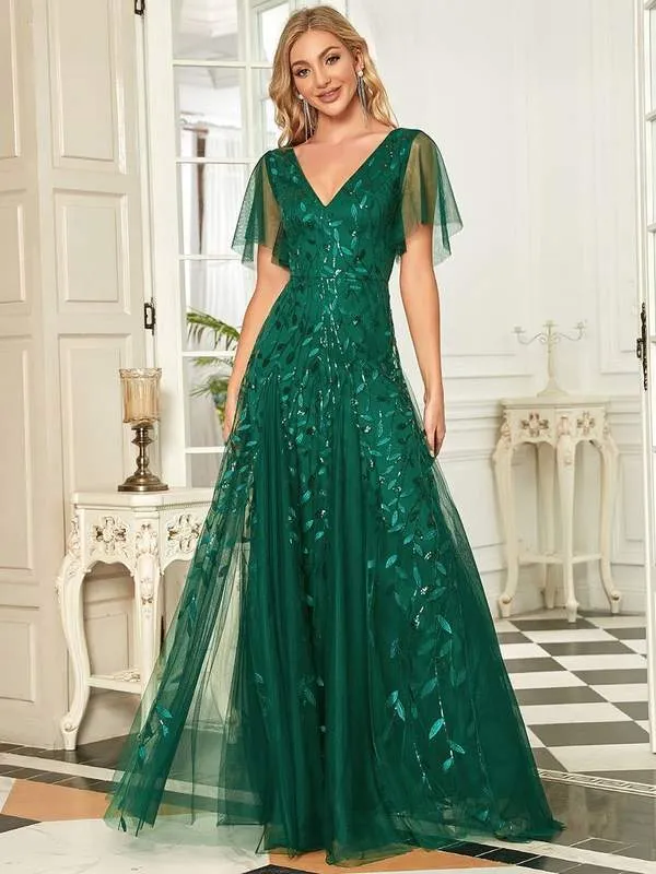 Sally sequin and tulle ball or evening dress with flutter sleeve