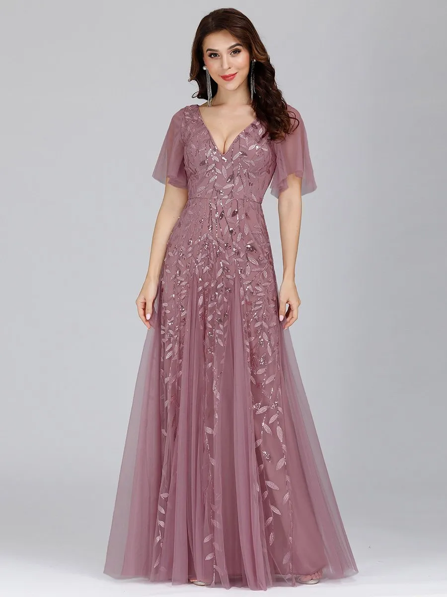 Sally sequin and tulle ball or evening dress with flutter sleeve