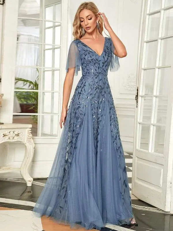 Sally sequin and tulle ball or evening dress with flutter sleeve