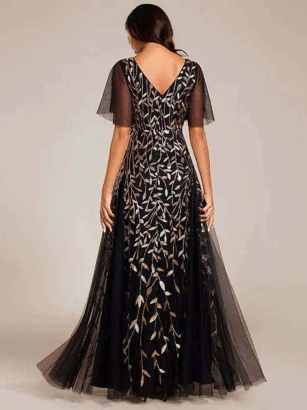 Sally sequin and tulle ball or evening dress with flutter sleeve
