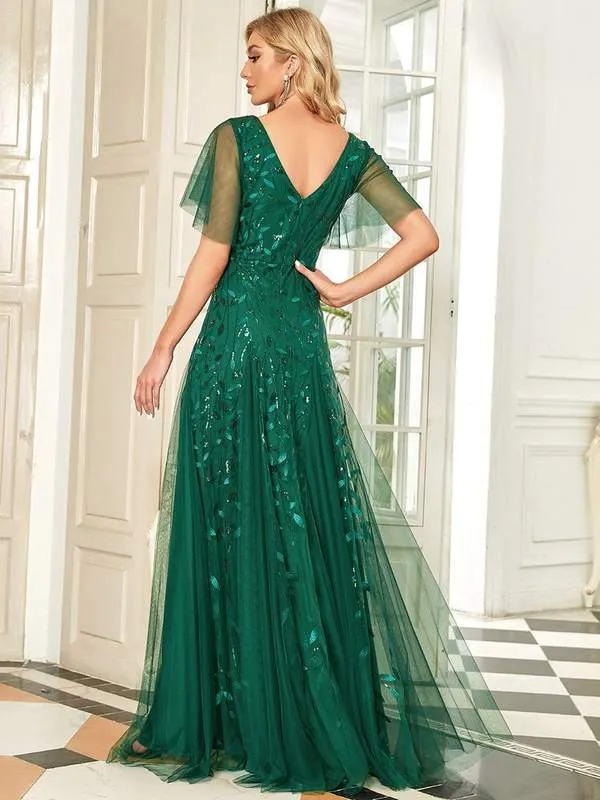 Sally sequin and tulle ball or evening dress with flutter sleeve