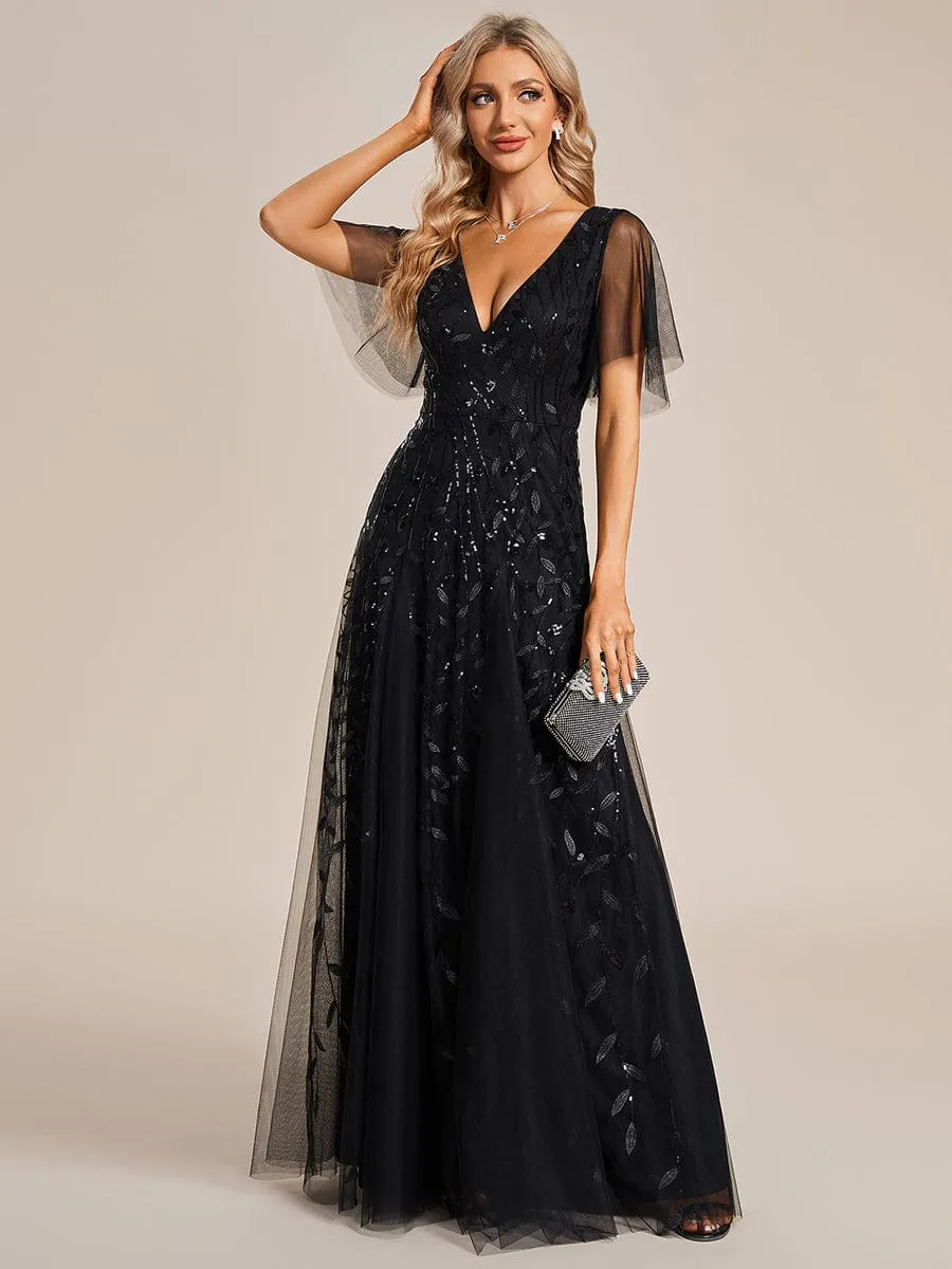 Sally sequin and tulle ball or evening dress with flutter sleeve