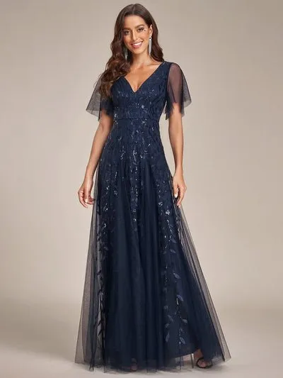 Sally sequin and tulle ball or evening dress with flutter sleeve