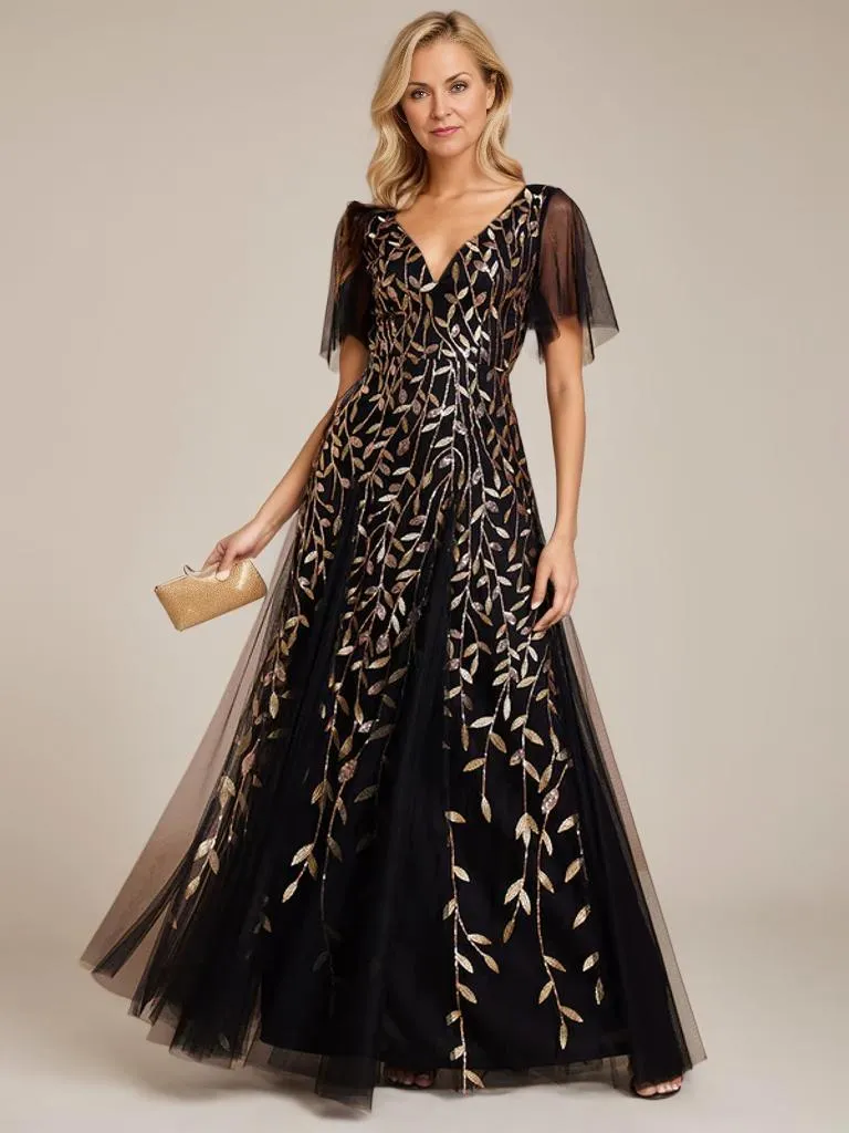 Sally sequin and tulle ball or evening dress with flutter sleeve